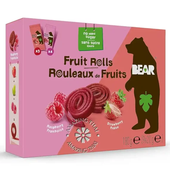 BEAR Fruit Rolls, 9 Packs of 2 Rolls - Healthy Fruit Snack, Assorted Flavour - Strawberry & Raspberry, 9 count